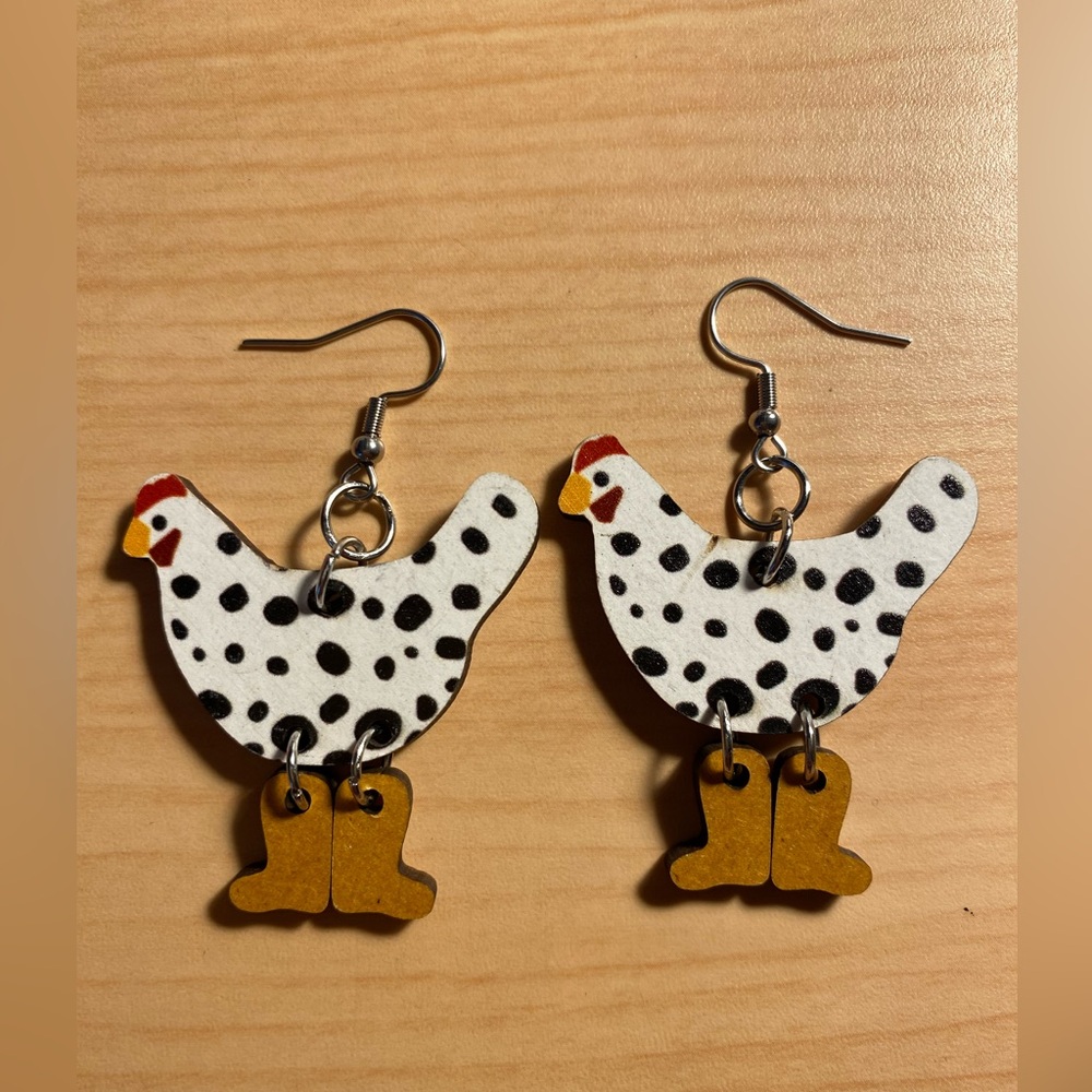 Wooden Hen Dangle Earrings